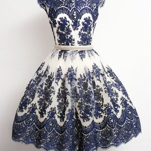 Navy and White Knee length Formal Dress